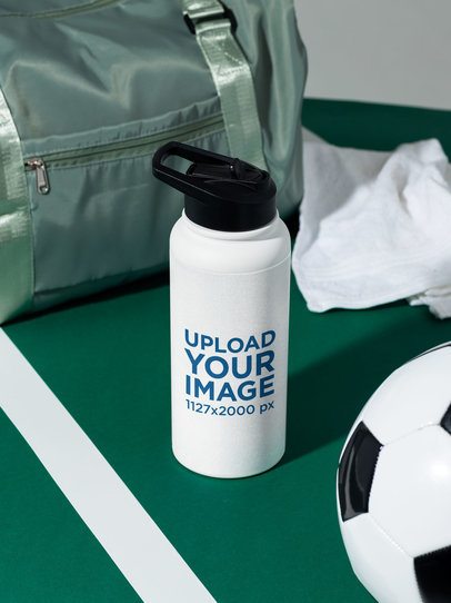 Stainless Steel Water Bottle Mockup Featuring a Soccer-Themed Setting