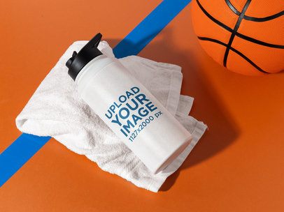 Mockup of a Stainless Steel Water Bottle Lying on a Basketball Court
