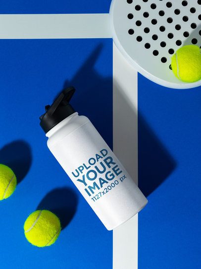 Mockup of a Stainless Steel Water Bottle Lying on a Padel Court