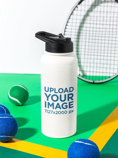 Mockup Featuring a Stainless Steel Water Bottle Mockup Placed on a Tennis Court