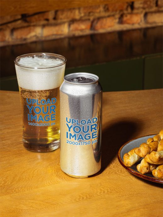 Can Mockup Featuring a Beer Glass Placed on a Wooden Table With Snacks