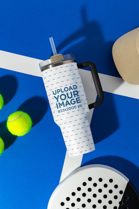 Mockup of a Stanley Tumbler Placed on a Padel-Themed Setting