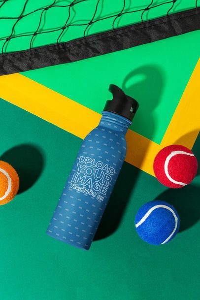 Aluminum Bottle Mockup Featuring a Tennis-Themed Setting