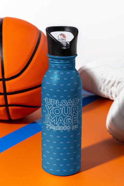 Aluminum Water Bottle Mockup Featuring a Basketball-Themed Setting