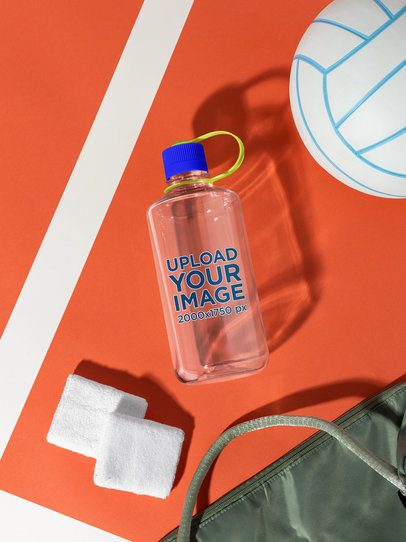 Narrow Mouth Plastic Water Bottle Mockup Featuring a Volleyball Court