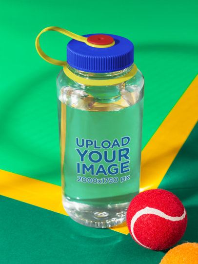 Mockup of a Narrow Mouth Plastic Water Bottle Placed With a Tennis Ball