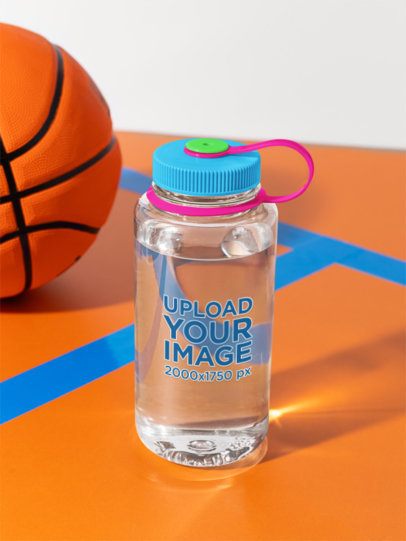 Narrow Mouth Plastic Water Bottle Mockup Featuring a Basketball Court and a Ball