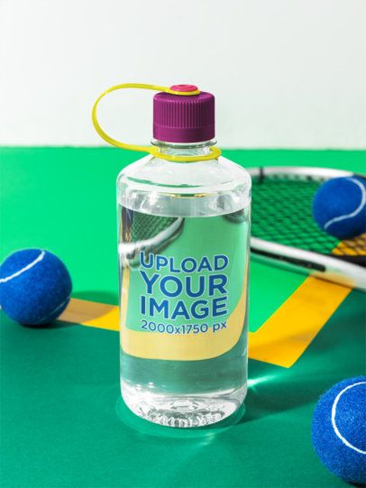 Mockup of a Narrow Mouth Plastic Water Bottle Placed on a Tennis Court Floor