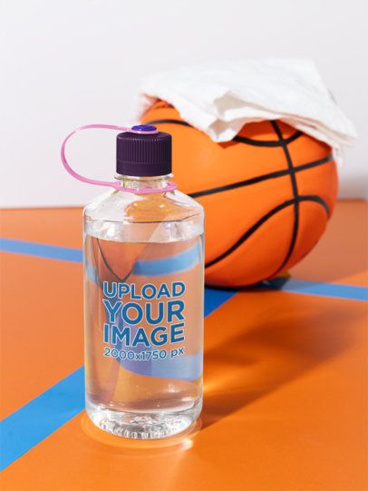Basketball-Themed Mockup Featuring a Narrow Mouth Plastic Water Bottle Placed on the Floor