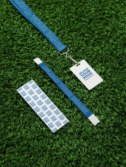 Wristband Mockup of a Ticket Lying on the Grass With a Lanyard and a Badge Holder  m58160