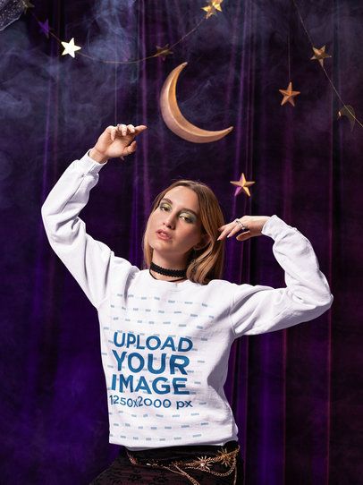 Comfort Colors Sweatshirt Mockup of a Woman Posing Against a Moon and Stars Set m58313