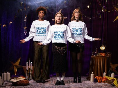 Comfort Colors Sweatshirt Mockup Featuring Three Women in an Esoteric Setting