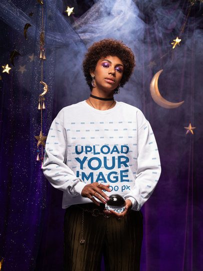Comfort Colors Sweatshirt Mockup Featuring a Woman in an Esoteric Setting Holding a Crystal Ball m58312