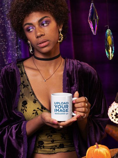 Coffee Mug Mockup Featuring a Serious Woman in an Esoteric-Themed Setting