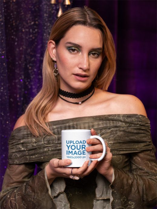 Whimsigoth-Inspired Mockup of a Woman Holding a Coffee Mug