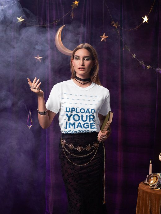 Comfort Colors Mockup of a Woman Wearing a T-Shirt in an Esoteric-Inspired Setting