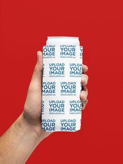 Koozie Mockup Featuring a Person Against a Colorful Surface