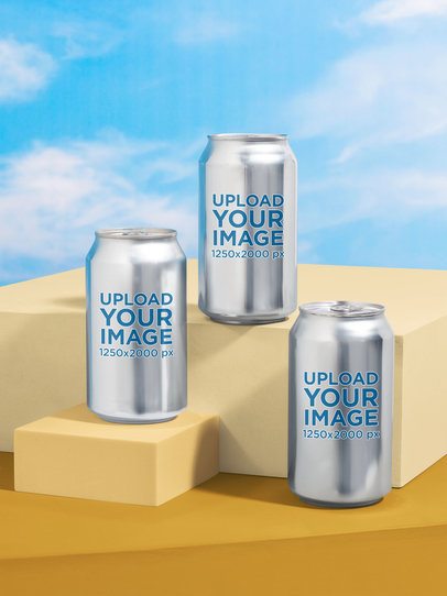 Mockup of Three Cans Placed on Boxes Against the Sky