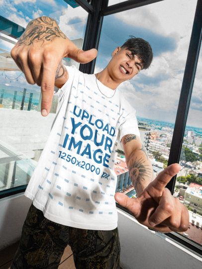 Comfort Colors T-Shirt Mockup Featuring Tattooed Man Making a Hand Frame Pose m57605