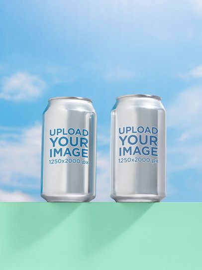 Mockup of Two 12 Oz Cans Placed on a Colorful Surface Against the Sky m58405