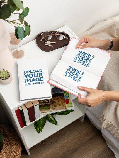 Book Mockup Featuring a Woman Reading an Open Book in Her Bedroom