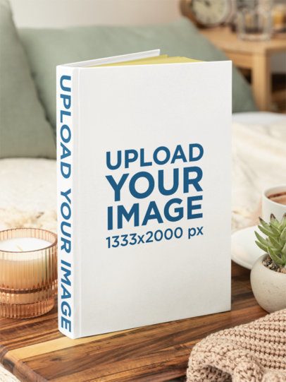 Hardcover Book Mockup Featuring a Warm and Cozy Living Room