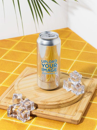 Can Mockup Featuring Ice in a Tropical Setting