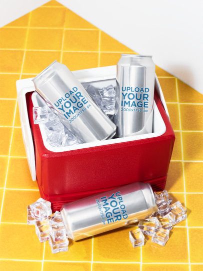 Mockup of Three Cans Placed in a Cooler With Ice
