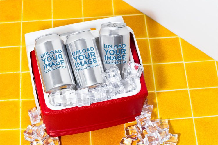 Mockup Featuring Three Cans Placed Inside a Cooler Filled With Ice