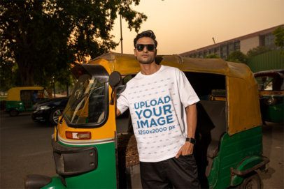 Oversized T-Shirt Mockup Featuring a Man Posing Against a Cart Bike