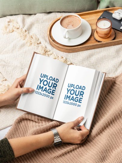 Mockup Featuring a Woman Reading Book Pages in a Bed
