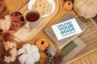 Fall-Themed Mockup of a Postcard Placed in an Autumn-Inspired Setting