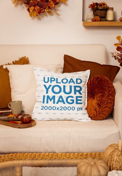 Mockup of a Pillow Placed on a Couch With Fall-Themed Decorations m58719