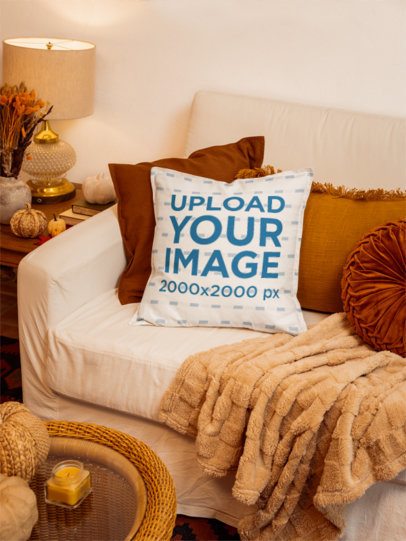 Pillow Mockup Featuring a Couch in a Living Room With a Fall Aesthetic m58721