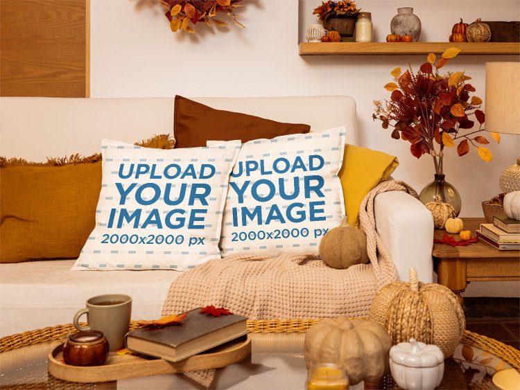 Mockup of Two Pillows Placed on a Sofa in a Fall-Themed Living Room