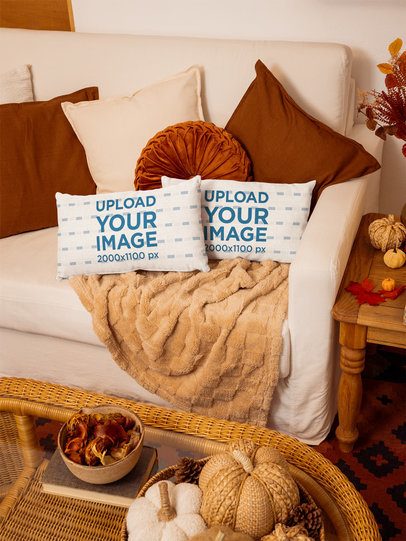Fall-Themed Mockup Featuring Two Pillows Placed on a Nice Couch m58718