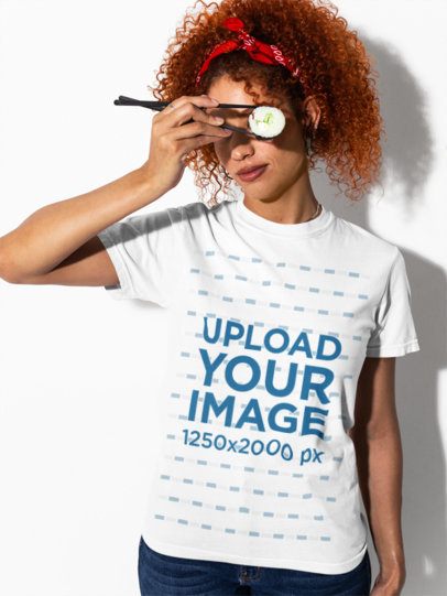Comfort Colors 1717 T-Shirt Mockup of a Woman Hiding Her Face With a Sushi m58993