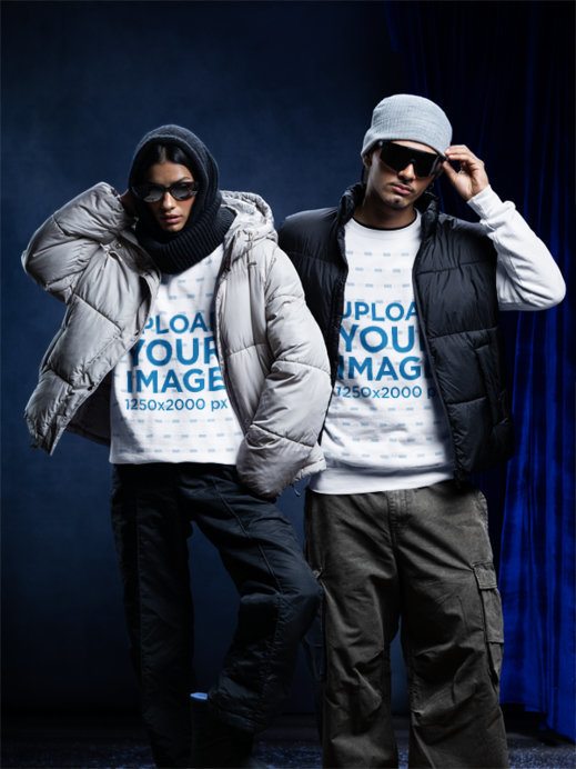 Comfort Colors 1566 Sweatshirt Mockup of a Man and a Woman Posing With a Winter Outfit