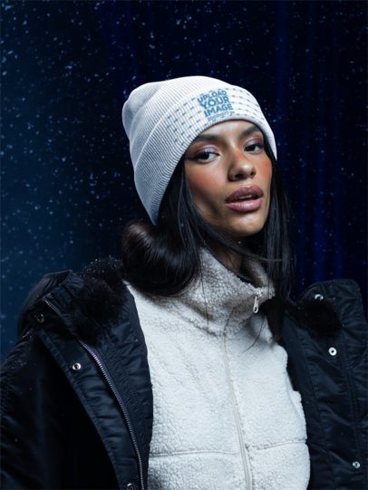 Yupoong 1501KC Beanie Mockup of a Woman in a Winter Setting