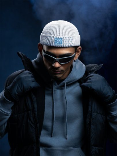 Beanie Mockup Featuring a Man in a Winter Outfit Posing in a Cold Setting