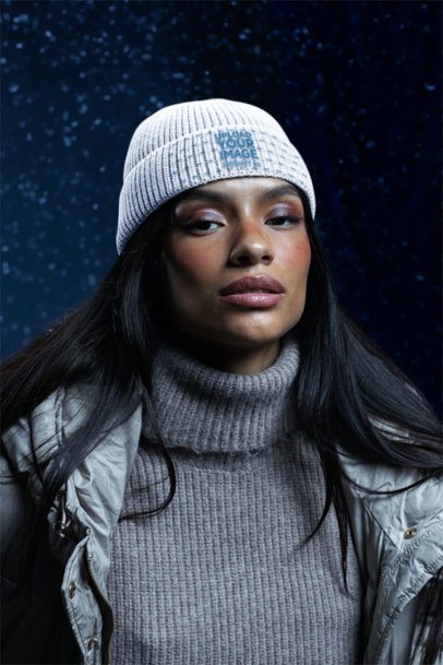 Mockup of Woman Wearing a Beanie in a Winter Studio