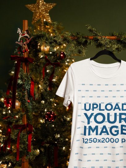 Bella Canvas 6400 Mockup Featuring a Round-Neck T-Shirt Hanging Near a Christmas Tree