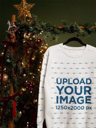 Comfort Colors 1566 Mockup Featuring a Sweatshirt Hanging on a Christmas Decoration m59313