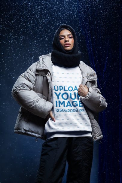 Comfort Colors 1566 Sweatshirt Mockup Featuring a Woman in a Winter-Themed Studio Setting m59218