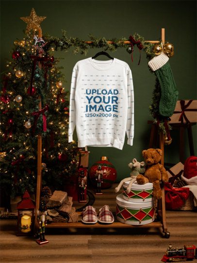 Christmas-Themed Mockup of a Comfort Colors 1566 Sweatshirt Placed on a Hanger in a Holiday Set m59312