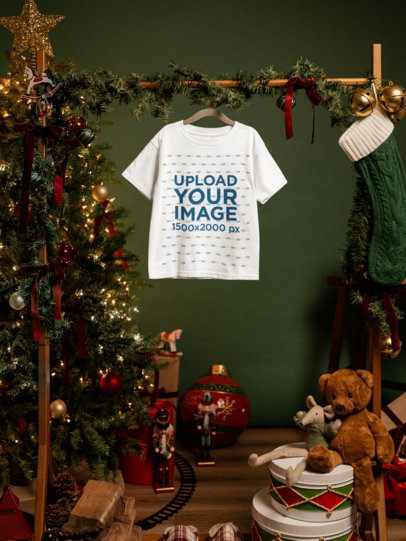 Gildan 5000B Mockup Featuring a T-Shirt Hanging With Christmas Decorations m59327