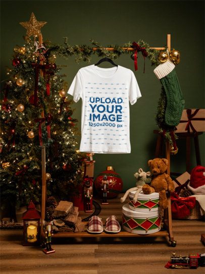 Mockup of a Bella Canvas 6400 T-Shirt Featuring a Cozy Christmas Setting m59323
