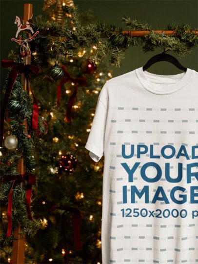 Xmas-Themed Mockup of a Comfort Colors 1717 T-Shirt Hanging Near a Christmas Tree m59320