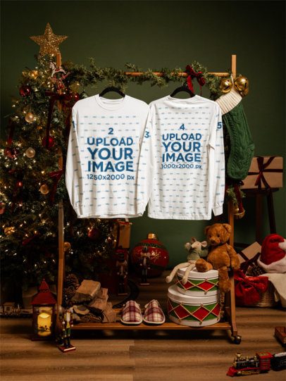 Comfort Colors 6014 Mockup of Two Long-Sleeve Tees Placed on Hangers in a Christmas Setting m59316