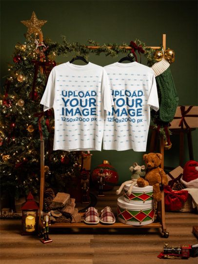 Mockup Featuring Two Oversized T-Shirts Placed on Hangers in a Christmas Setting m59317